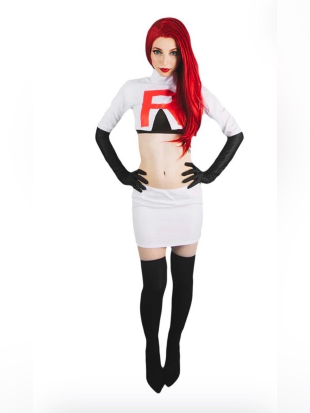 Women's White and Black Cosplay Two-Piece Set with Red Accent